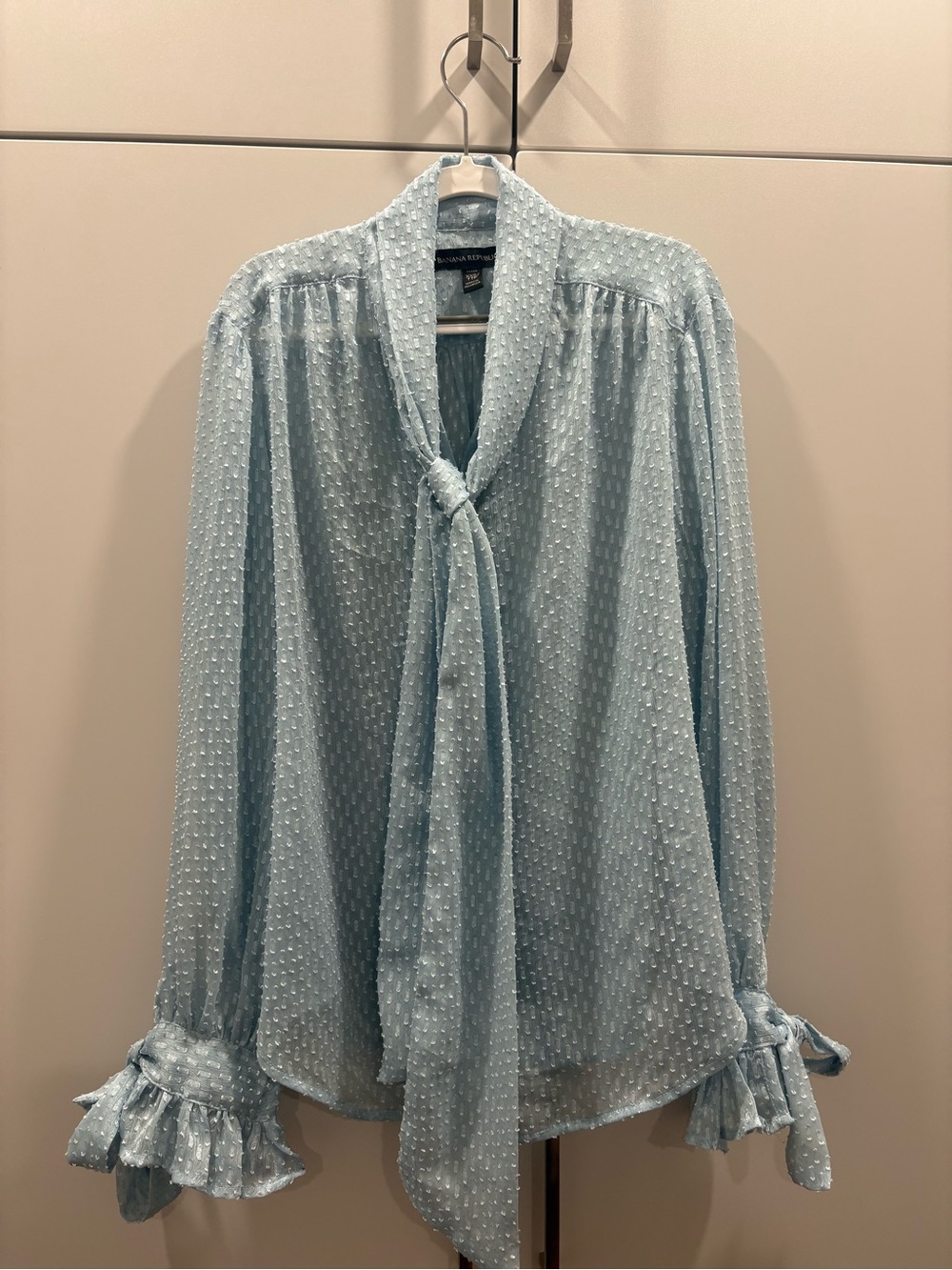 Banana Republic Powder Blue Swiss Dot Tie-Neck Blouse